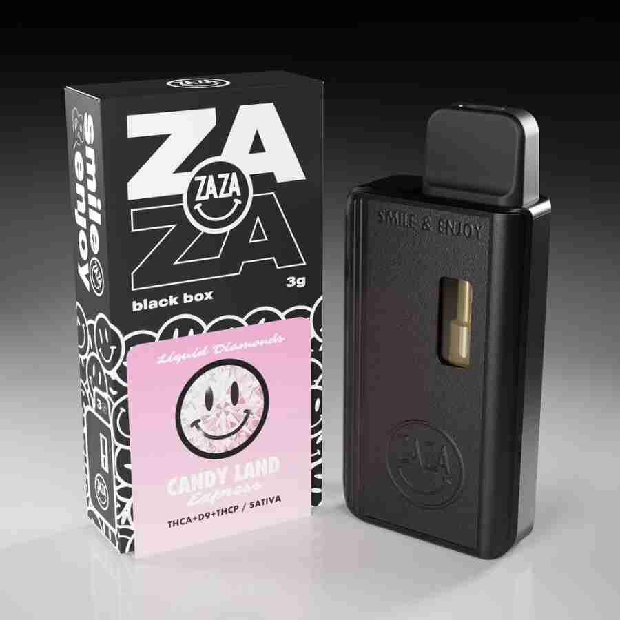 A Zaza Black Box Liquid Diamonds Disposable Vapes 3g box containing a Zaza Black Box e-liquid and accompanied by a box of candy.