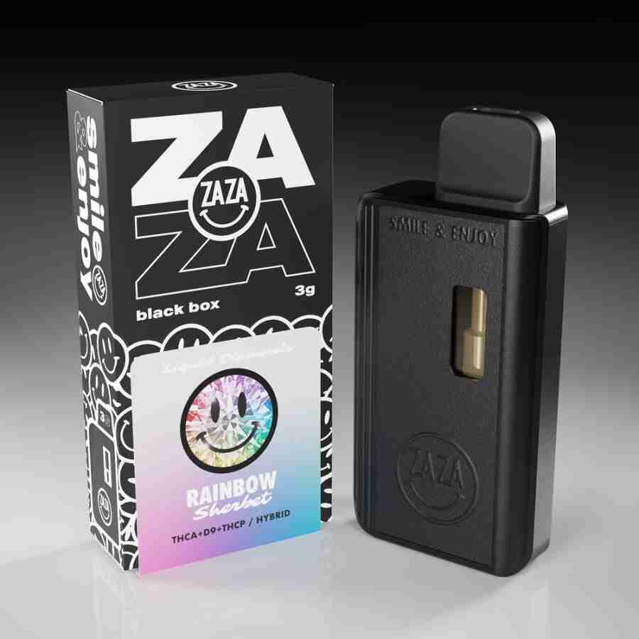 A Zaza Black Box Liquid Diamonds Disposable Vapes 3g in front of it, filled with Liquid Diamonds.