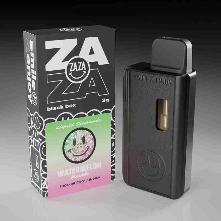 The Zaza Black Box Liquid Diamonds Disposable Vapes 3g watermelon e-cigarette sits in front of a Black Box.