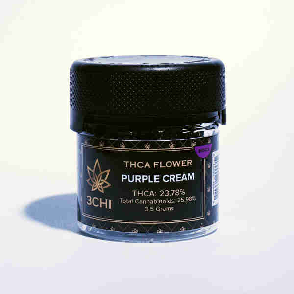 An Official 3CHI THCA Flower Jars 3.5g purple cream strain flavor