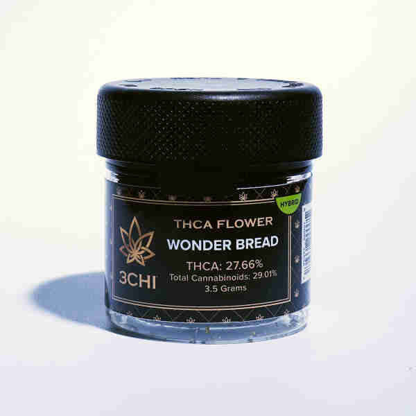 A jar of 3CHI THCA Flower Jar wonder bread strain flavor