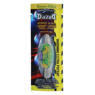 A package of Dazed8 Atomic Blenz Shatterwalkerz Single Pre-Roll 0.75g with a banana on it.