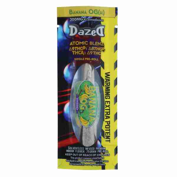 A package of Dazed8 Atomic Blenz Shatterwalkerz Single Pre-Roll 0.75g with a banana on it.