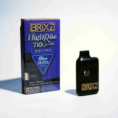 BRIXZ NYC presents the BRIXZ NYC High Rise D9P + THCa Disposables 7.1g, a sleek black device accompanied by a stylish box.