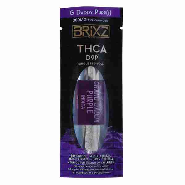 A package of thaca with a purple flower and Brixz D9P Shatterwalkerz 3-Pack Pre-Rolls 2.25g (Copy).