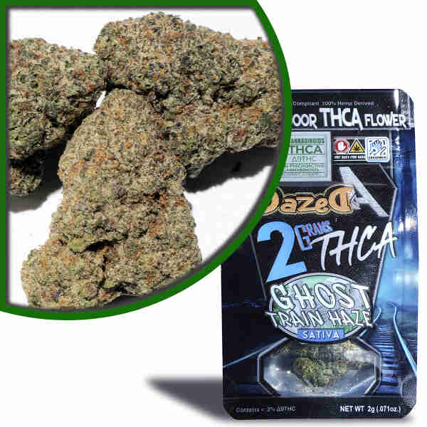 A bag of Ghost Train Haze weed next to a package of Dazed8.