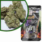 A package of exotic indoor flowers and a bag of marijuana enriched with THC-A.