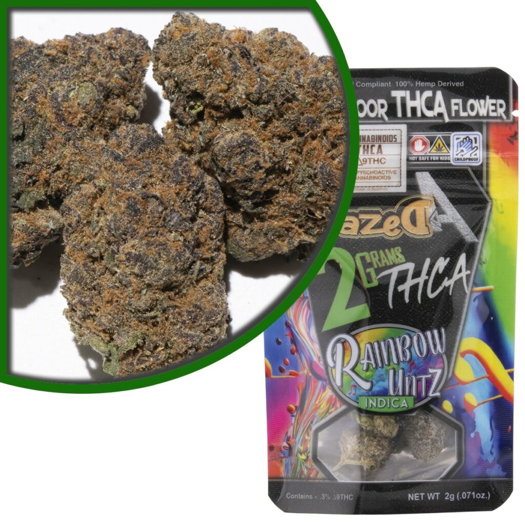 A package of marijuana with a rainbow flower next to it, featuring exotic indoor flowers and a potent THCa strain called Dazed8.