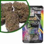 A package of marijuana with a rainbow flower next to it, featuring exotic indoor flowers and a potent THC-A strain called Dazed8.