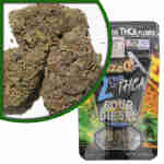 A package of Exotic Indoor Flowers with a bag of THC-A next to it.