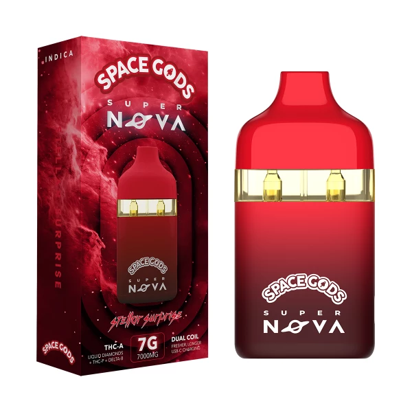 Space Gods Super Nova THC-A Liquid Diamonds Dual Coil Disposable Vape Pens 7g blends the heavenly flavors of THC-A Liquid Diamonds into a celestial vaping experience.