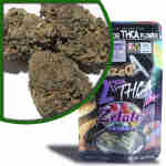 A bag of Zelato, an exotic indoor flower high in THC-A, with a bag of weed next to it.