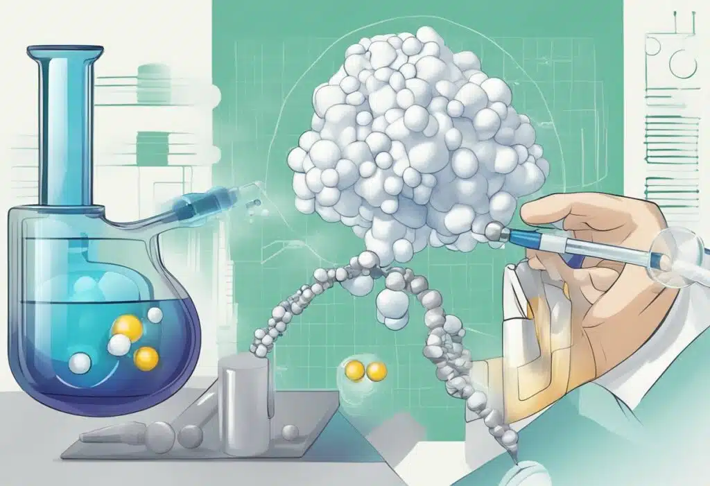 An illustration of a scientist working with a beaker and studying the effects of Cannabis Edibles.