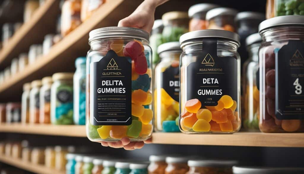 Gummy bears in jars on a shelf.