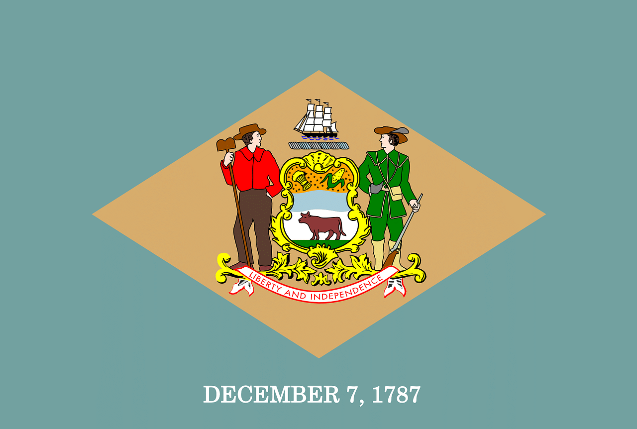 The flag of Delaware is displayed on a blue background.