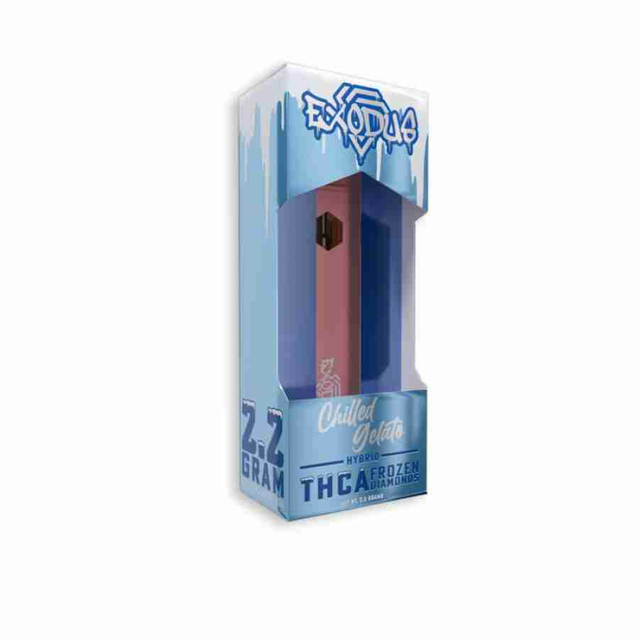 A pink box with an Exodus Frosted Diamonds Disposable Vape 2.2g in it.