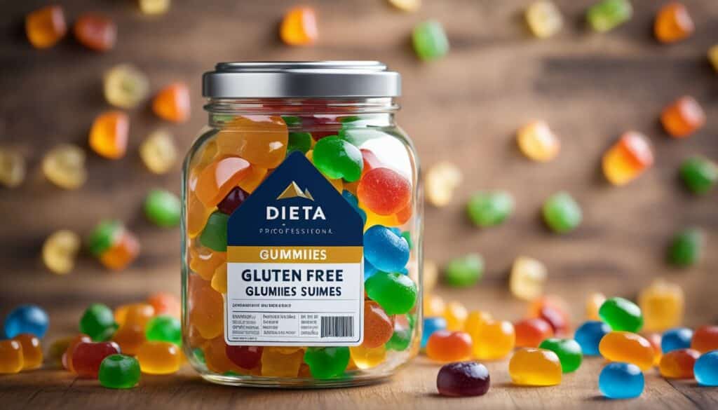 A jar of gluten-free gummy bears on a wooden table.