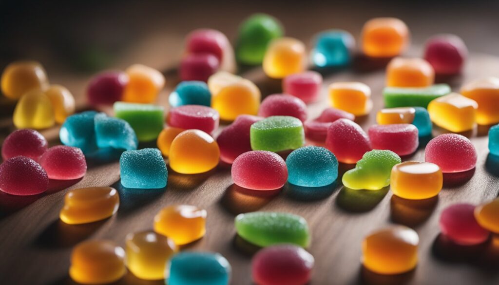 Colorful gummy candies on a wooden table that are gluten free.