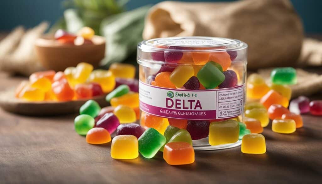 A jar of gluten-free gummy bears sitting on top of a wooden table.
