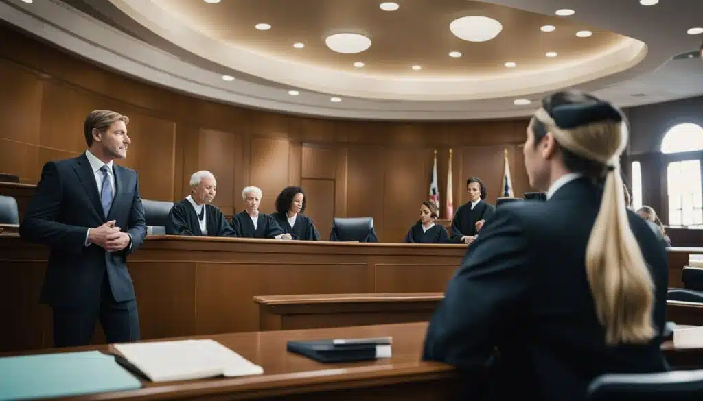 A businessman standing in front of a judge in a courtroom, illustrating similarities and differences.