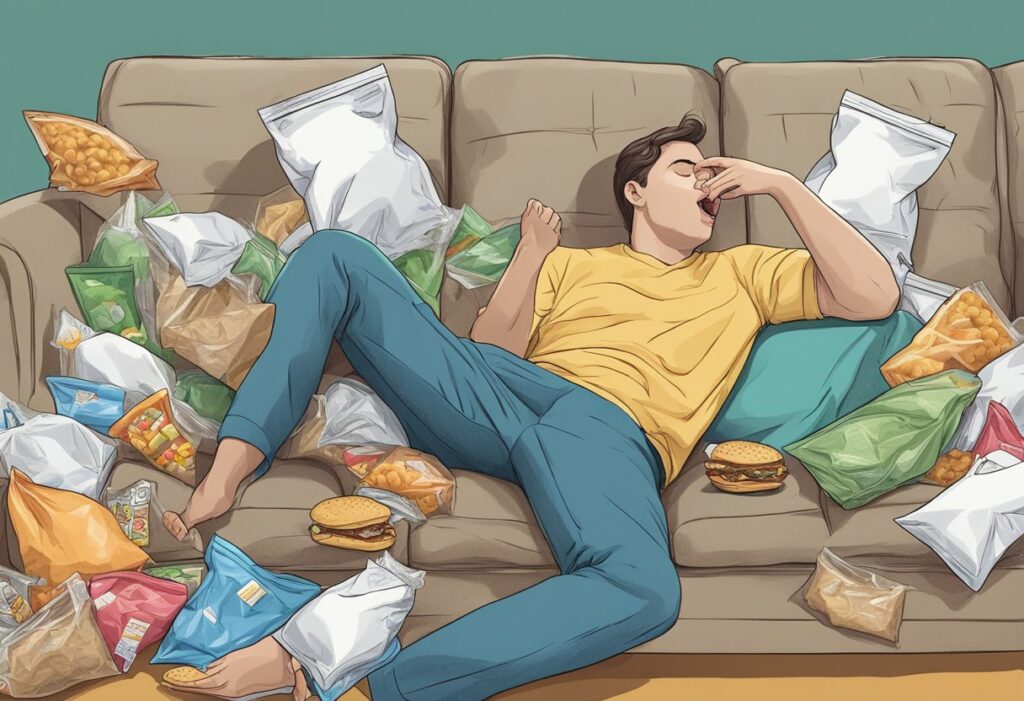 A man lazily lounging on a couch surrounded by an abundance of junk food.