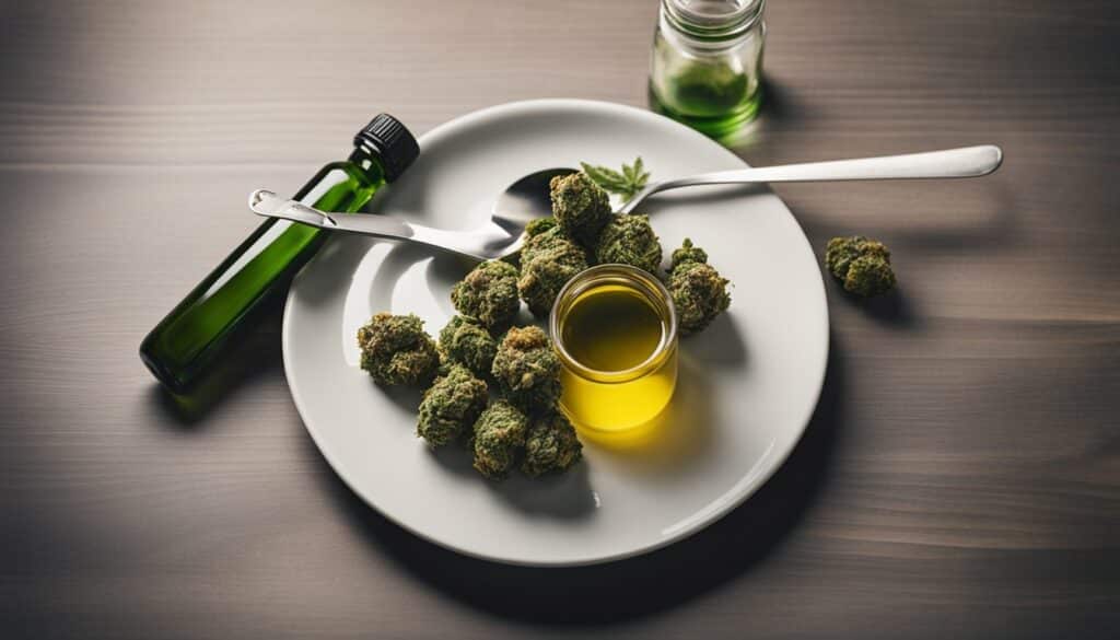CBD oil and cannabis buds on a plate, perfect for enjoying marijuana edibles.