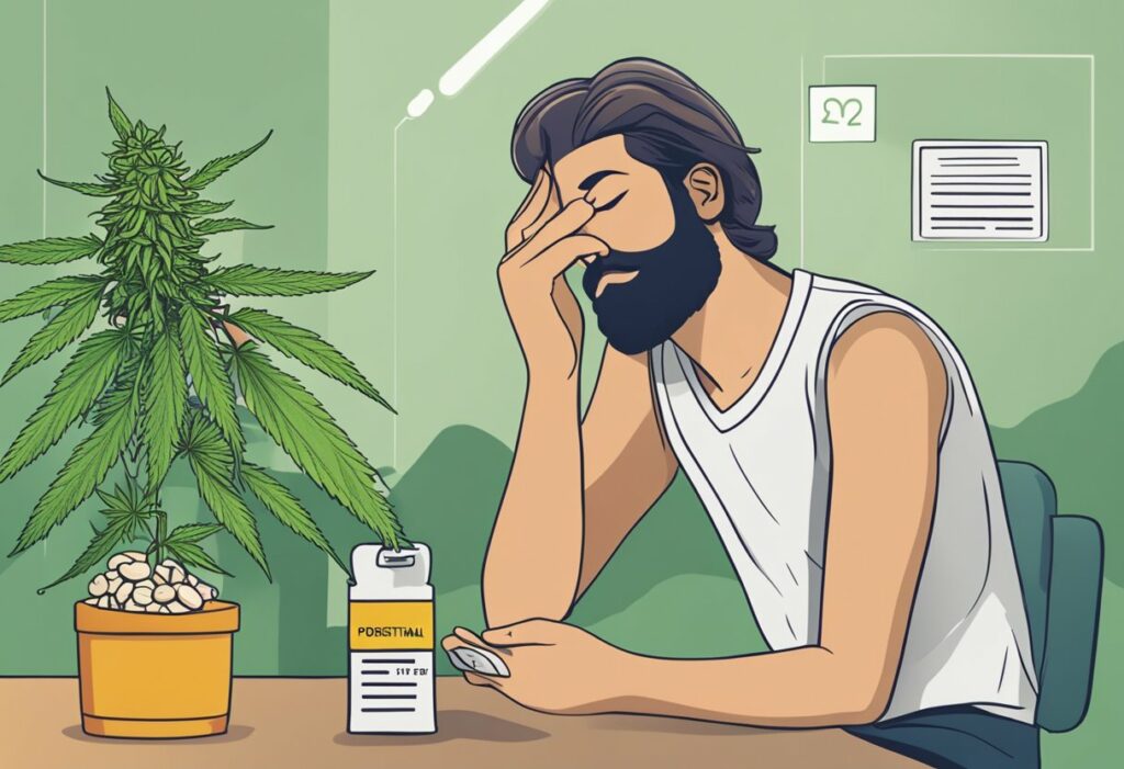 A man sitting at a desk with a marijuana plant in front of him, contemplating the effects of weed on sleepiness.