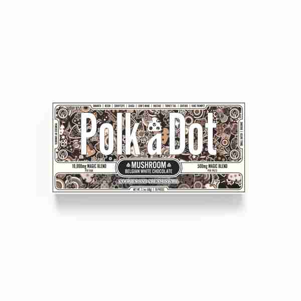 A box of Polk A Dot x Urb Mushroom Chocolate Bars 10000mg on a white background featuring chocolate bars.