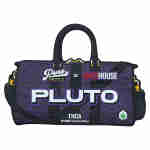A purple duffel bag with the word pluto on it, designed to carry Puro Exotics THC-A Flower 3.5g.