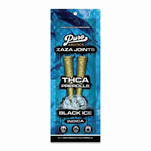 Zaca cultivates and produces Puro Exotics Zaza Joints THC-A 2-pk Prerolls 2.5g, featuring the popular THC-A strain. Additionally, they offer Puro Exotics Zaza Joints THC-A 2-pk Prerolls 2.5g for the ultimate black ice experience.