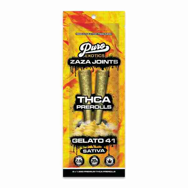 A package of Puro Exotics Zaza Joints THC-A 2-pk Prerolls 2.5g in a yellow color.
