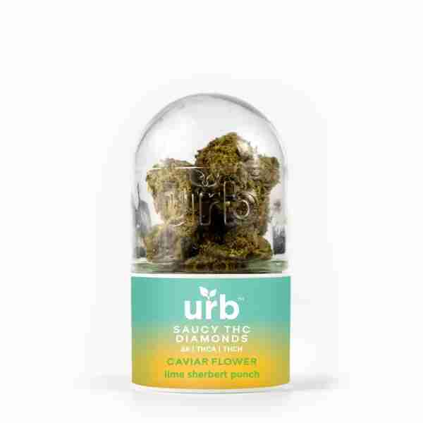 A jar of Urb Saucy THC Diamond Caviar Flower 3.5g, in a glass container.