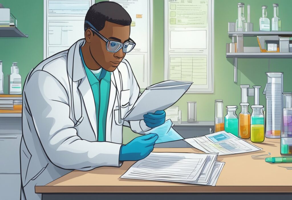 A man in a lab coat is examining a paper on 11-Hydroxy-THC.