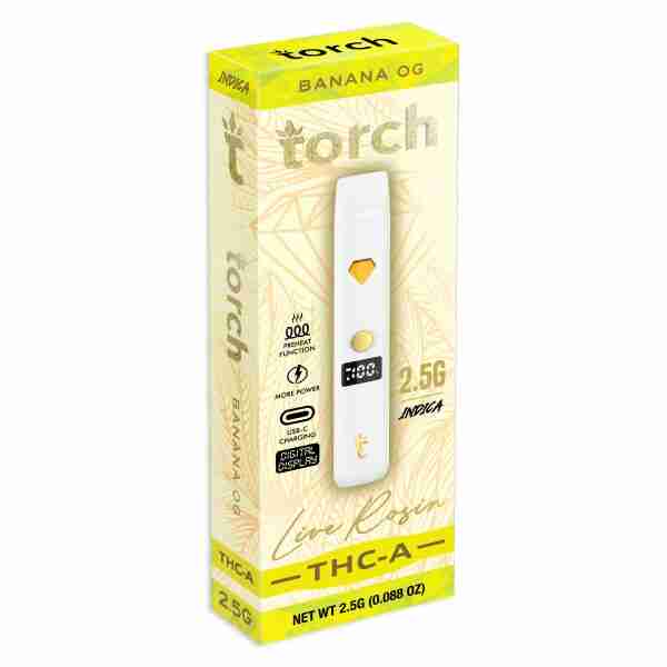 A box containing a Torch THC-A Live Rosin Disposable Vapes 2.5g, ideal for enjoying the convenience of disposable vapes and experiencing the potent effects of THC-A Live Rosin.