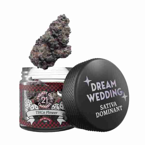 Experience your dream wedding with the Twenty One Premium THC-A Flower Jar 3.5g, packaged in a beautifully crafted jar.