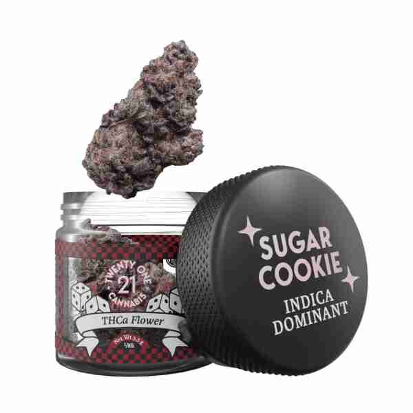 Twenty One Premium Sugar cookie Flower Jar containing 3.5g of high-quality buds enriched with THC-A.