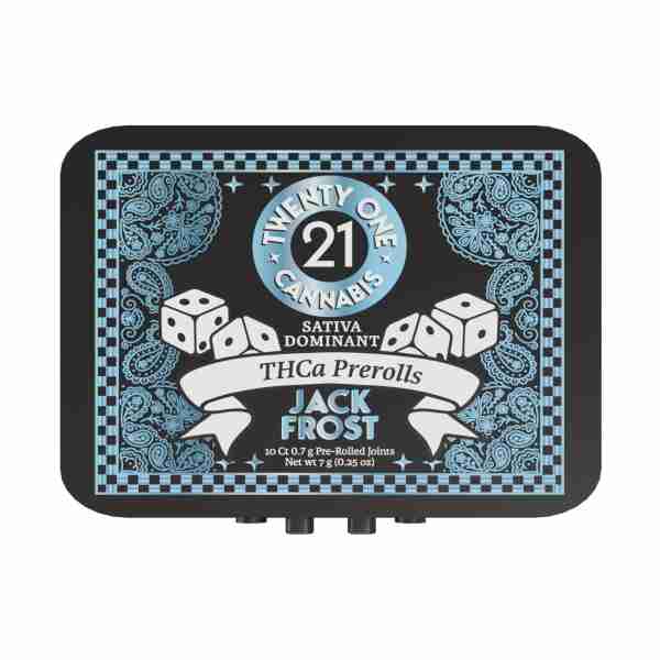 A black and white tin with a dice design, containing Twenty One THC-A Pre-Rolls weighing 7g.