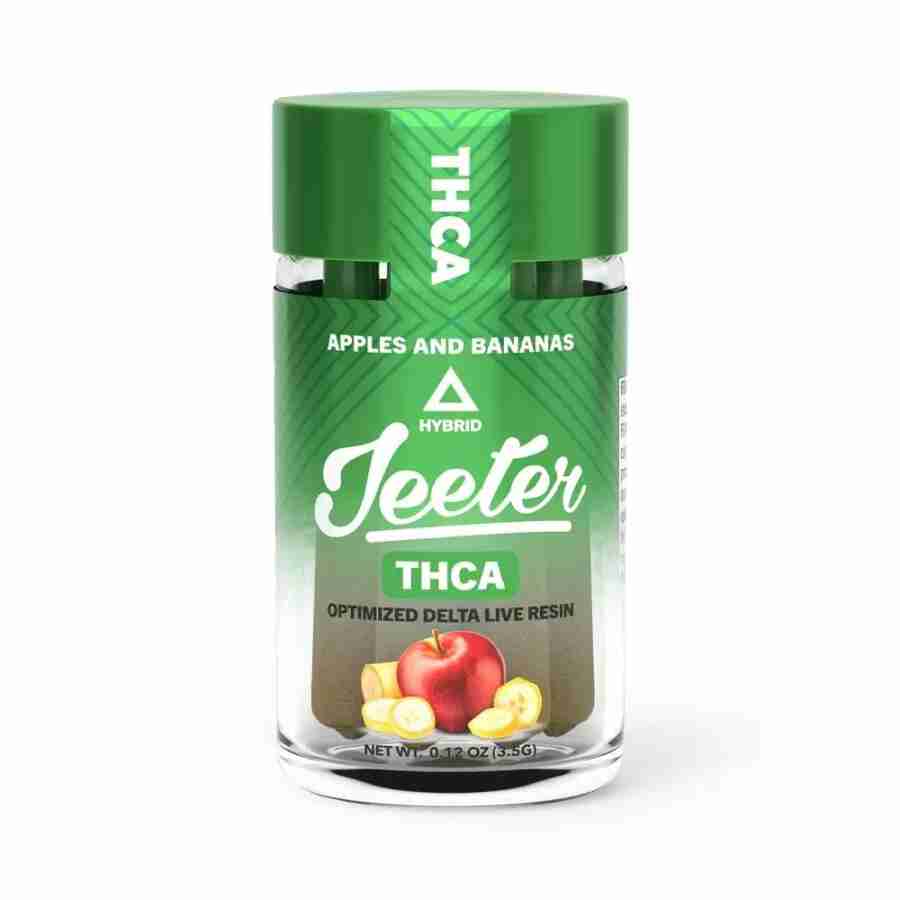 A bottle of Urb x Jeeter THCA Pre-Rolls 3.5g-infused juice with apples and bananas.