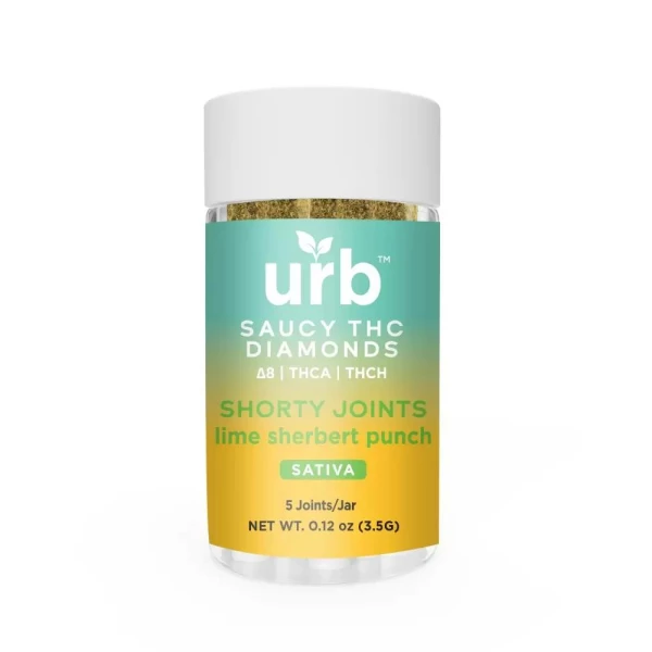 A jar of Urb Saucy THC Diamond Shorty Joints 3.5g on a white background.