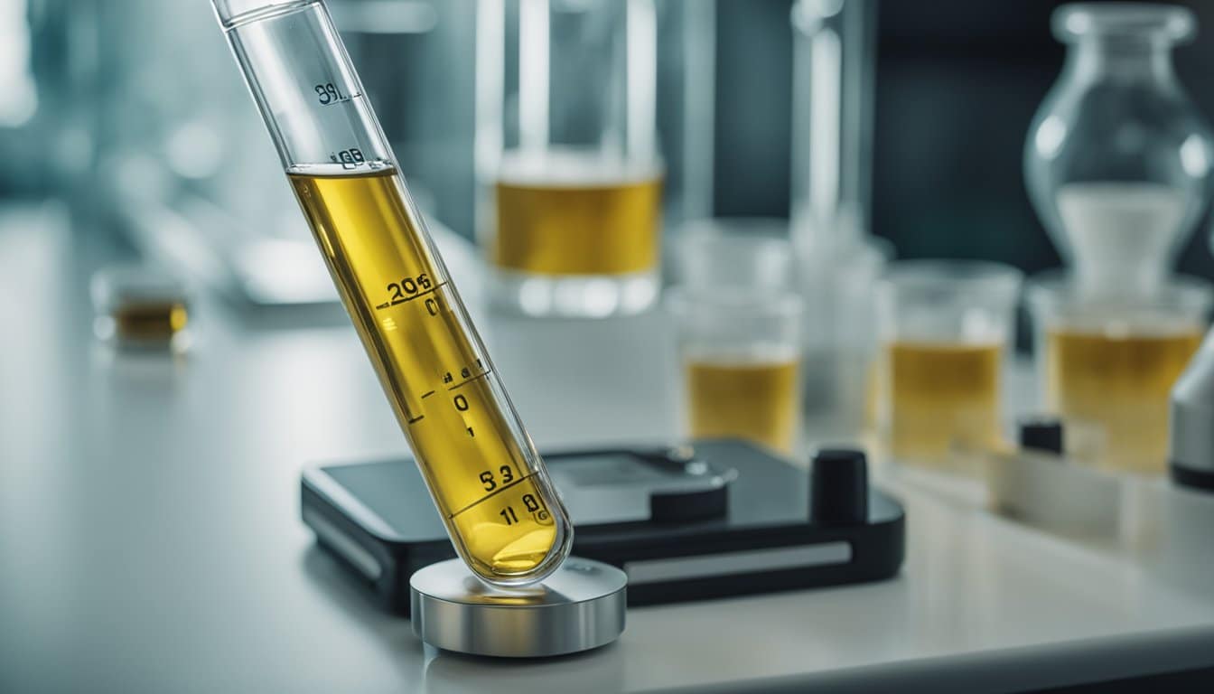 A test tube filled with yellow liquid containing Delta 8 in a laboratory.