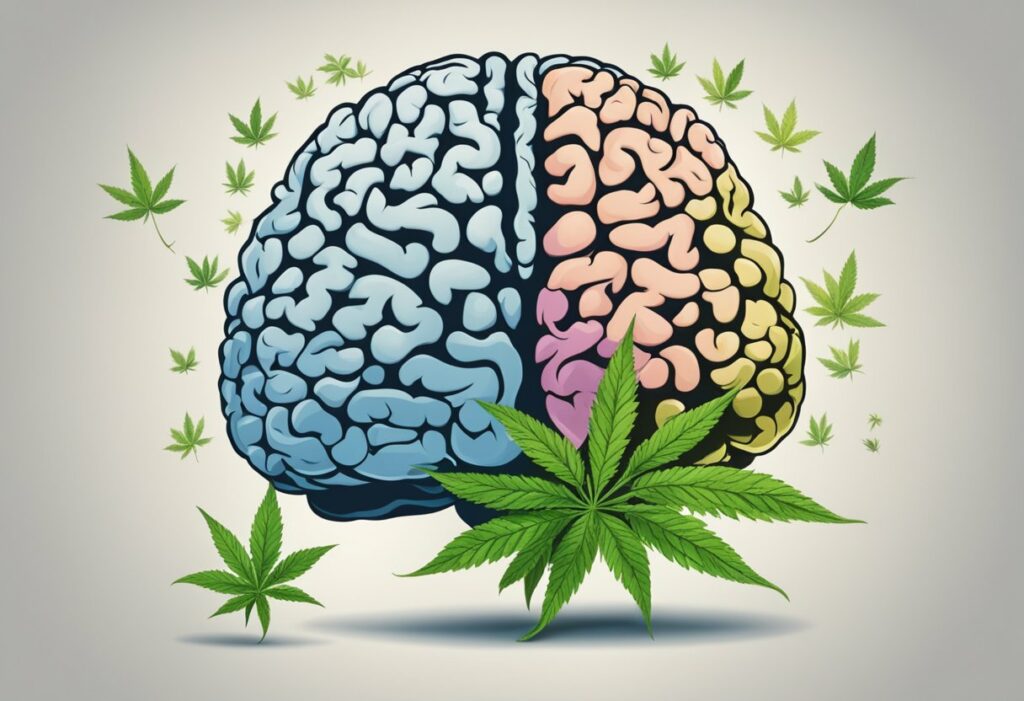 A brain adorned with marijuana leaves, exploring the effects of weed on fatigue.