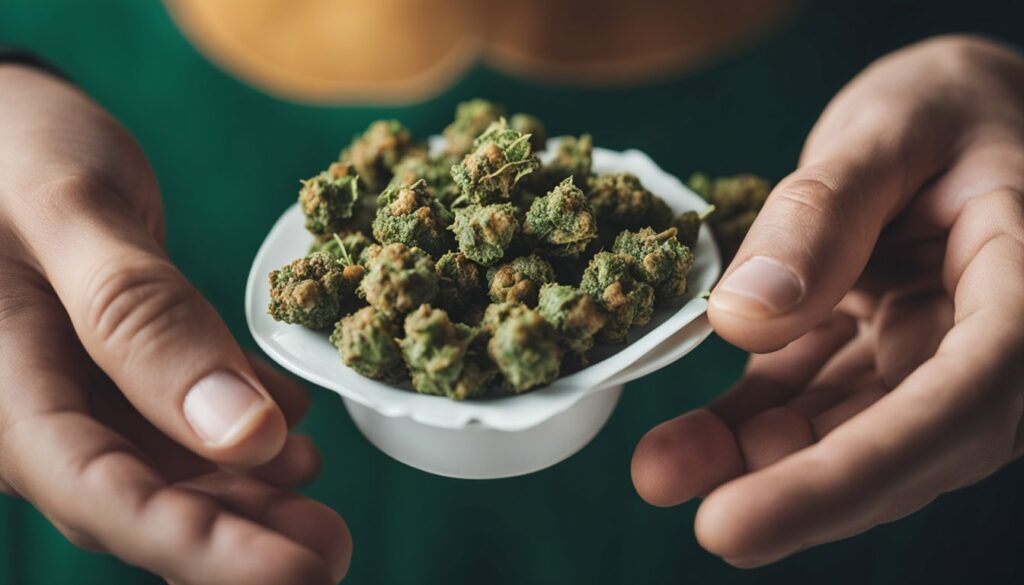 A person's hands holding a bowl of marijuana edibles.