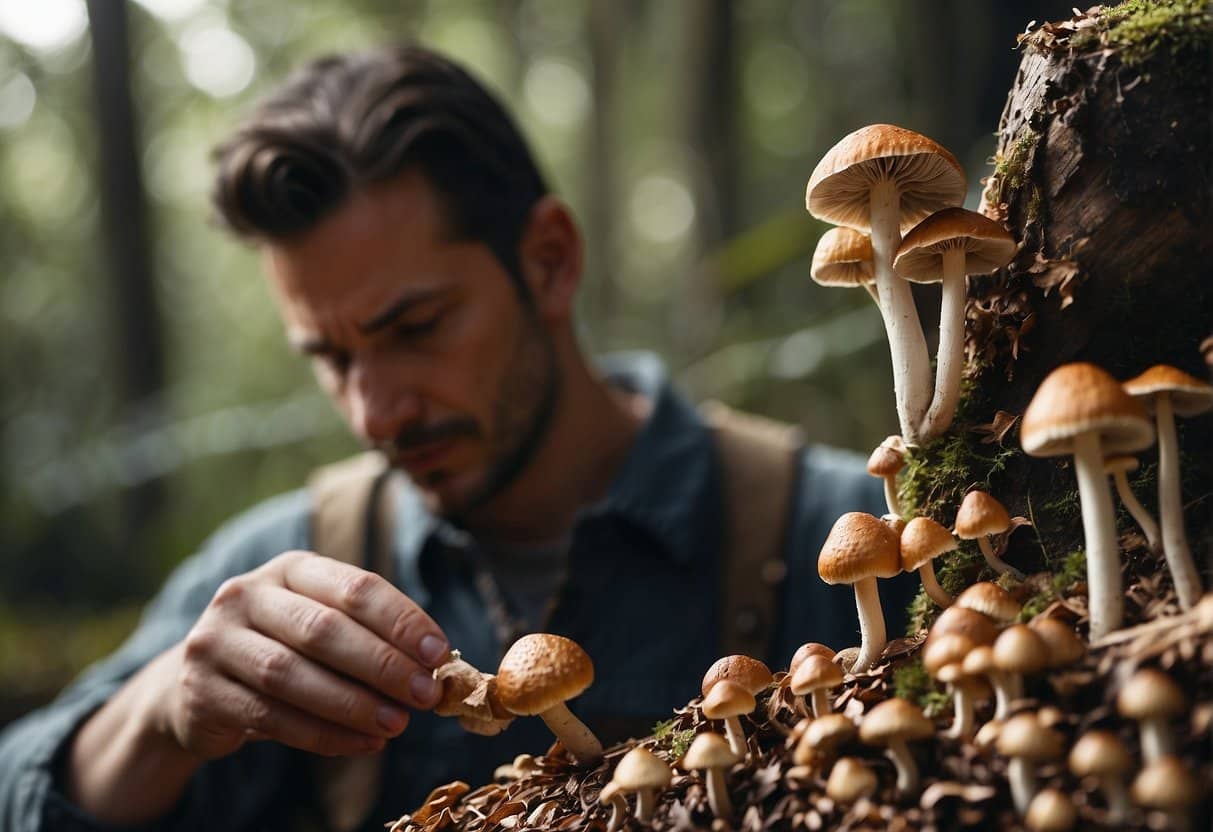 A man picking mushrooms legally from the forest.