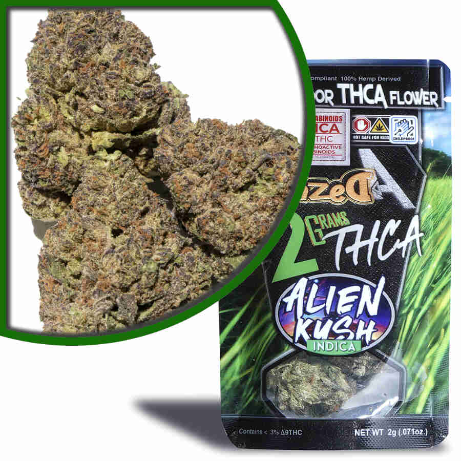 A package of Dazed8 THCA Exotic Indoor Flowers Alien Kush 2g, including Alien Kush and a bag of Dazed8 weed.