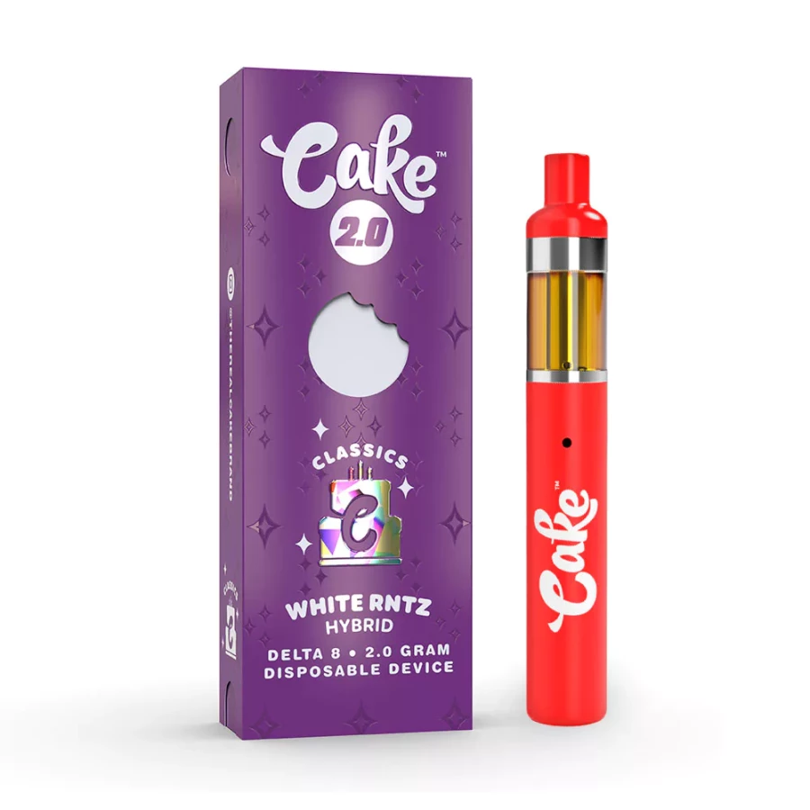 The Cake Delta 8 Disposable Vape Pen White Runtz 2g is a sleek and stylish disposable vape pen available in white or black.