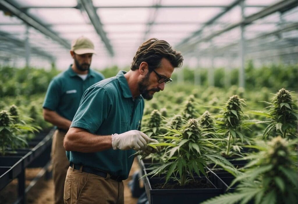 Two men working in a greenhouse cultivating cannabis plants.