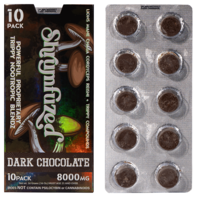 Packaging and blister pack of Shrumfuzed Nootropic Trippy Psychedelic Mushroom Chocolate 10pc edibles, each labeled 8000mg, with no psychoactive or cannabinoid content.