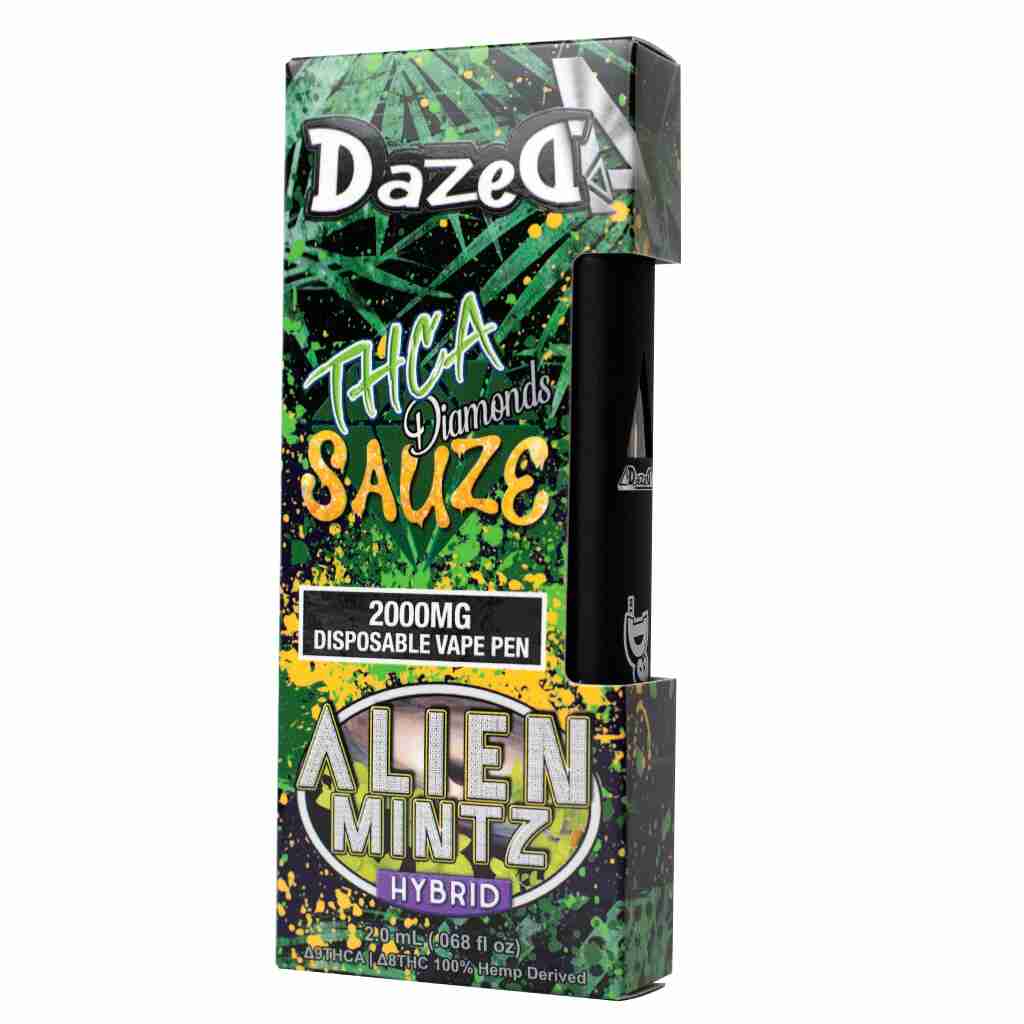 A box of DazedA THCa Diamonds Sauze Disposable Vape Pens Alien Mintz 2g of thca