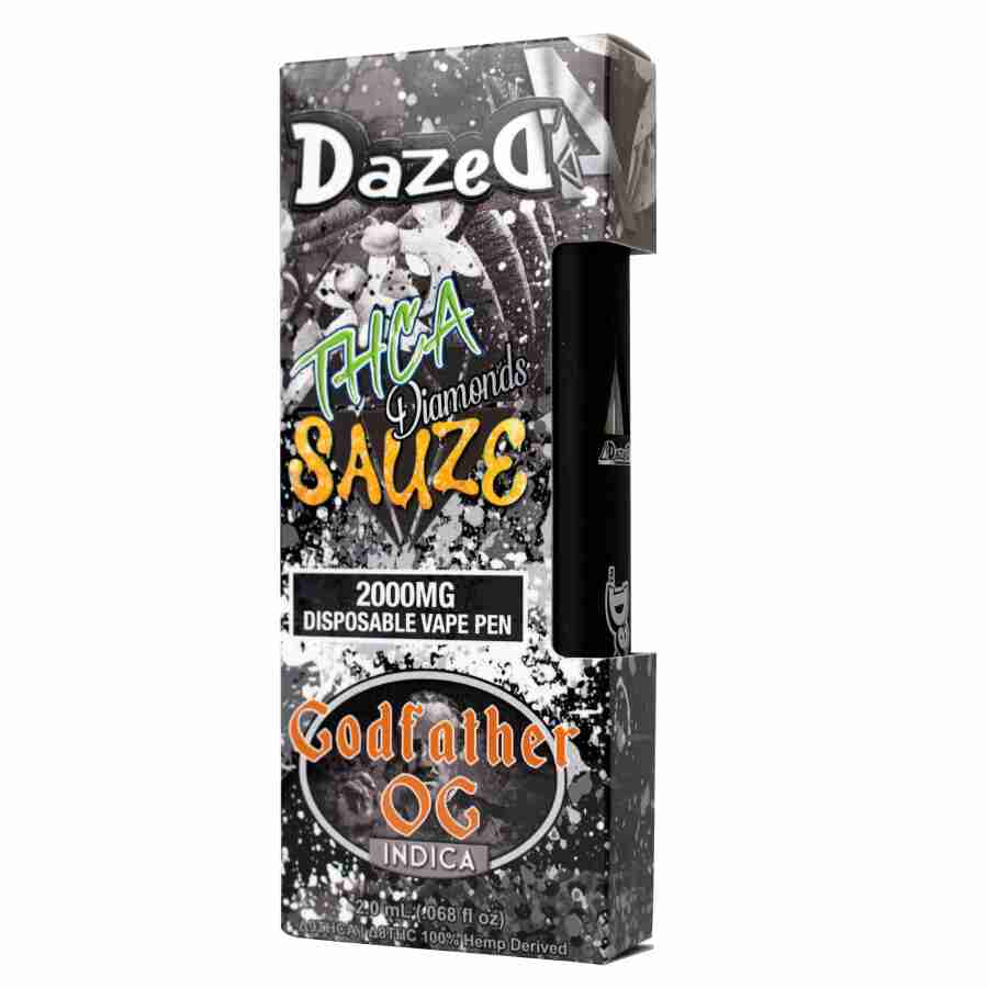A box of DazedA THC-A Diamonds Sauze Disposable Vape Pens godfather og strain flavor