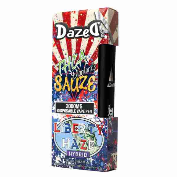 A box of DazedA THC-A Diamonds Sauze Disposable Vape Pens liberty haze strain flavor 2g with an image of an american flag.